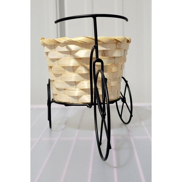 Tricycle Shaped Black Metal Frame & Wicker Basket Home Decor Planter 9" Length - Picture 5 of 9
